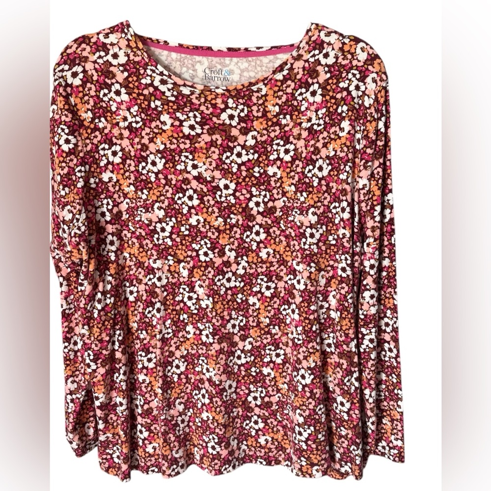 CROFT & BARROW - Floral Long Sleeve Top - Pink and Orange & Brown